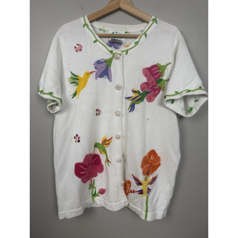 VTG Quacker Factory Embroidered Sweater‎ Medium Hummingbird Floral Bead Cottage